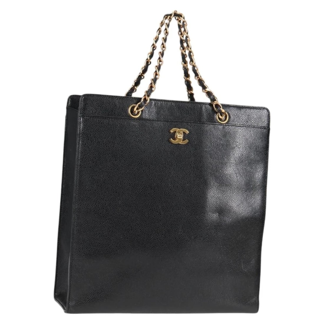 CHANEL CHAIN HAND BAG GRAINED CALF SKIN: CHANEL Chain Hand Bag Grained Calf Skin Brand: CHANEL Type: Hand Bag Material: Caviar Skin Color: Black/Gold Size: W12.2 x H13.0 x D4.7inch(Approx) Handle Drop:6.3inch(Approx) Accessories: None