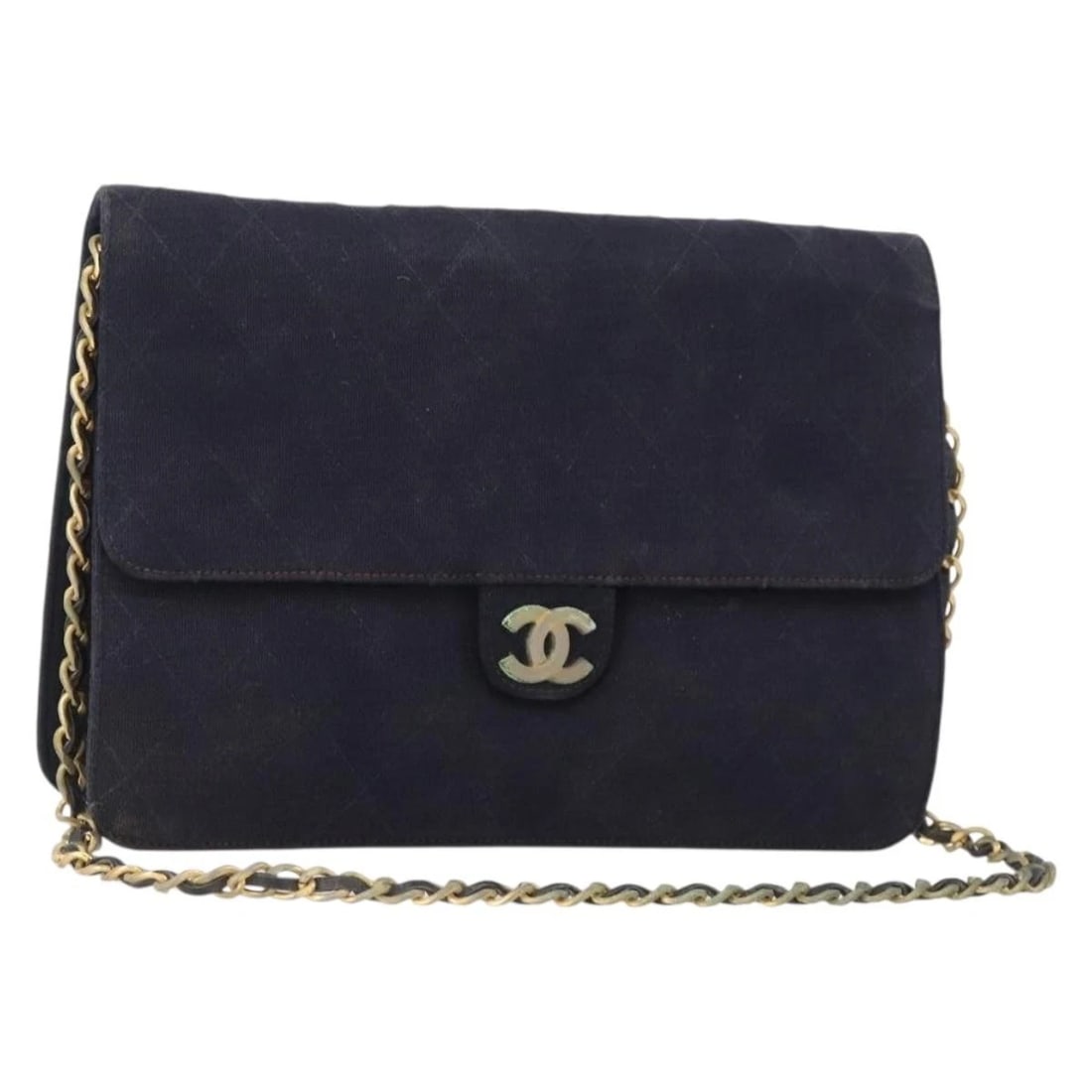 CHANEL CHAIN MATELASSE SHOULDER BAG: CHANEL Chain Matelasse Shoulder Bag Brand: CHANEL Type: Shoulder Bag Material: Cotton Color: Navy/Gold Size: W9.8 x H6.3 x D0.8inch(Approx) Accessories: None Accessories Notice: When purch