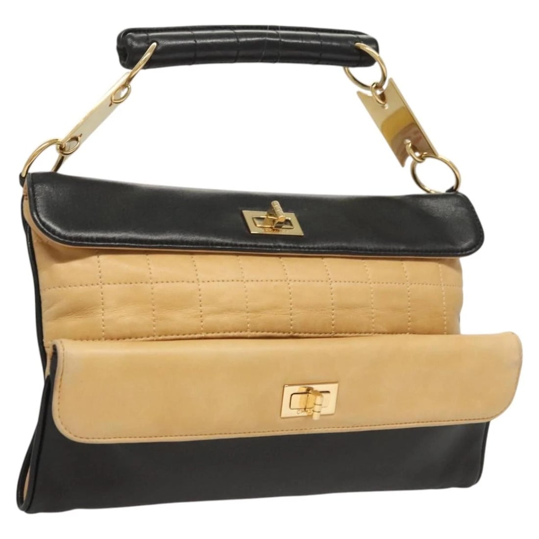 CHANEL CHOCO BAR HAND BAG LAMB SKIN BEIGE: CHANEL Choco Bar Hand Bag Lamb Skin Beige Brand: CHANEL Type: Hand Bag Material: Lamb Skin Color: Beige/Black Size: W11.0 x H6.7inch(Approx) Accessories: None Accessories Notice: When purc