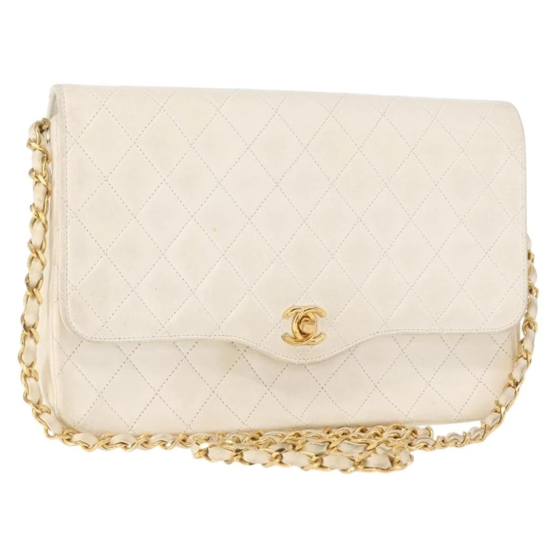 CHANEL MATELASSE 25 CHAIN SHOULDER BAG: CHANEL Matelasse 25 Chain Shoulder Bag Brand: CHANEL Type: Shoulder Bag Material: Leather Color: White/Gold Size: W9.8 x H5.9 x D2.0inch(Approx) Accessories: None Accessories Notice: When
