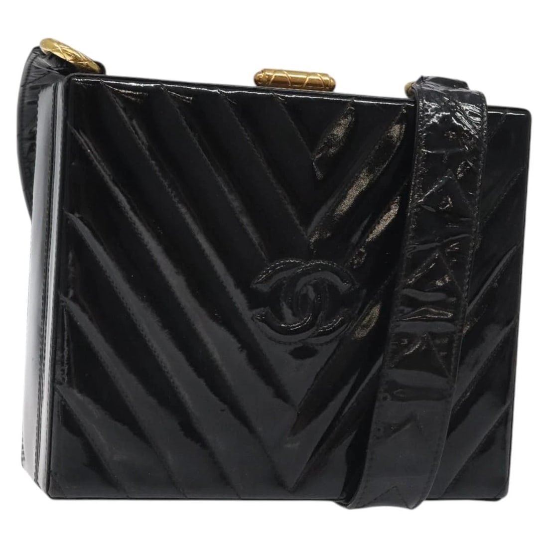 CHANEL V STITCH COCO MARK SHOULDER BAG: CHANEL V Stitch COCO Mark Shoulder Bag Brand: CHANEL Type: Shoulder Bag Material: Patent Leather Color: Black/Gold Size: W7.9 x H6.7 x D2.8inch(Approx) Accessories: None Accessories Notice