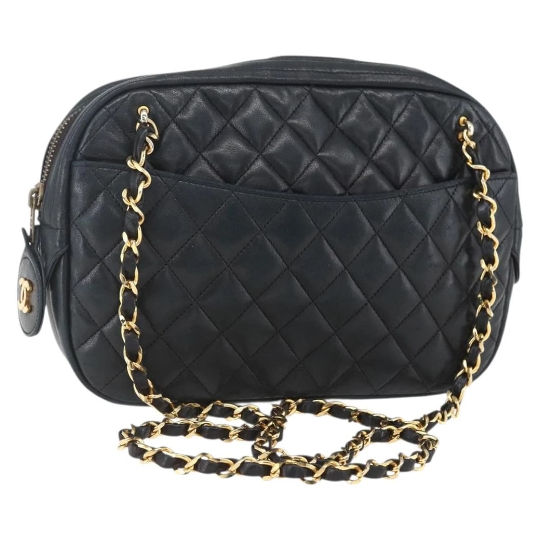 CHANEL CHAIN MATELASSE SHOULDER BAG: CHANEL Chain Matelasse Shoulder Bag Brand: CHANEL Type: Shoulder Bag Material: Lamb Skin Color: Black/Gold Size: W9.4 x H5.9 x D2.0inch(Approx) Accessories: None Accessories Notice: When p