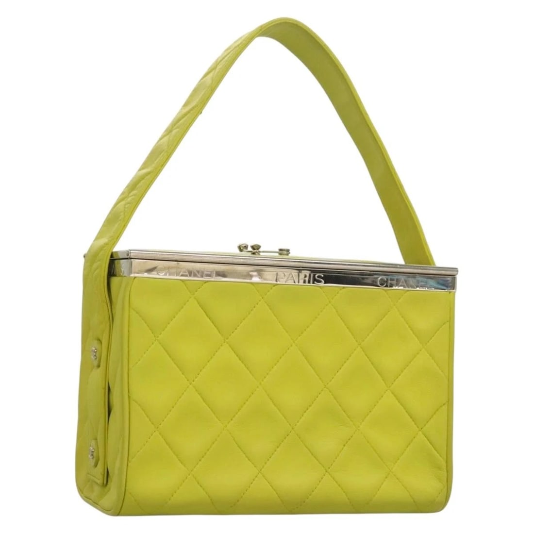 CHANEL MATELASSE HAND BAG LAMB SKIN SILVER: CHANEL Matelasse Hand Bag Lamb Skin Silver Brand: CHANEL Type: Hand Bag Material: Lamb Skin Color: Silver/Yellow Green Size: W7.5 x H5.5 x D3.5inch(Approx) Accessories: None Accessories No