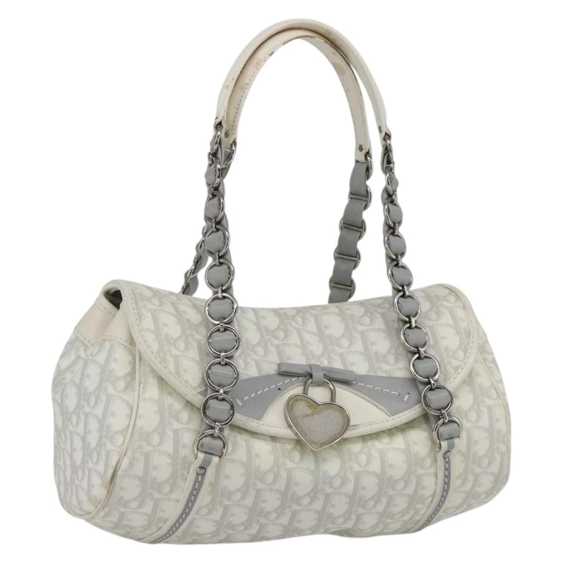 CHRISTIAN DIOR TROTTER CANVAS ROMANTIC CHAIN BAG: Christian Dior Trotter Canvas Romantic Chain Bag Brand: Christian Dior Type: Shoulder Bag Material: PVC Leather/Trotter Canvas Color: White/Silver Size: W11.0 x H5.9 x D4.7inch(Approx) Accessories