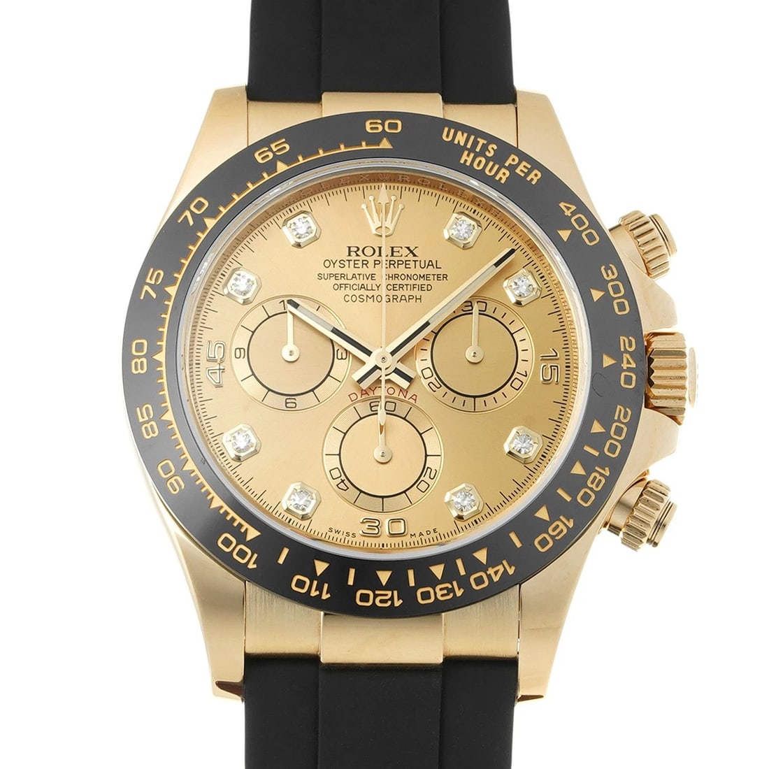 ROLEX COSMOGRAPH DAYTONA CHAMPAGNE DIAMOND WATCH: ROLEX Cosmograph Daytona Champagne diamond Watch Brand: ROLEX Type: Wristwatch Material: Band Material rubber, Case Material Yellow Gold Color: Dial Color Champagne/diamond Band Color black Size: