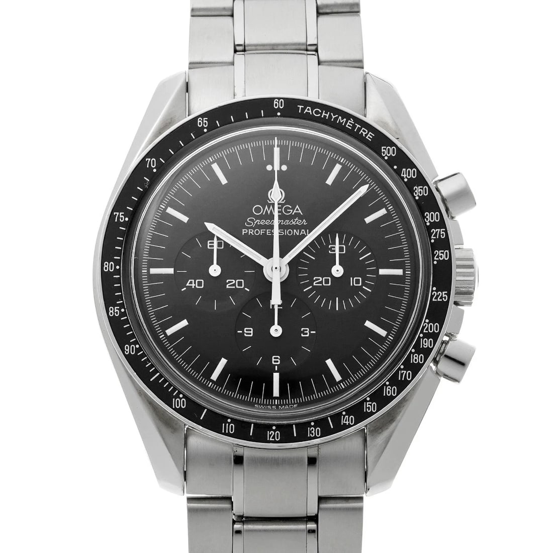 OMEGA SPEEDMASTER PROFESSIONAL BLACK WATCH: OMEGA Speedmaster Professional black Watch Brand: OMEGA Type: Wristwatch Material: Band Material Stainless steel, Case Material Stainless steel Color: Dial Color black Size: ??Case? H/about 42mm W/abo