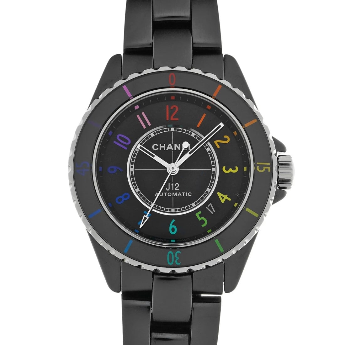 CHANEL J12 BLACK WATCH: CHANEL J12 black Watch Brand: CHANEL Type: Wristwatch Material: Band Material ceramic, Case Material ceramic/Stainless steel Color: Dial Color black Size: ??Case? H/about 38mm W/about 38mm D/about 12.