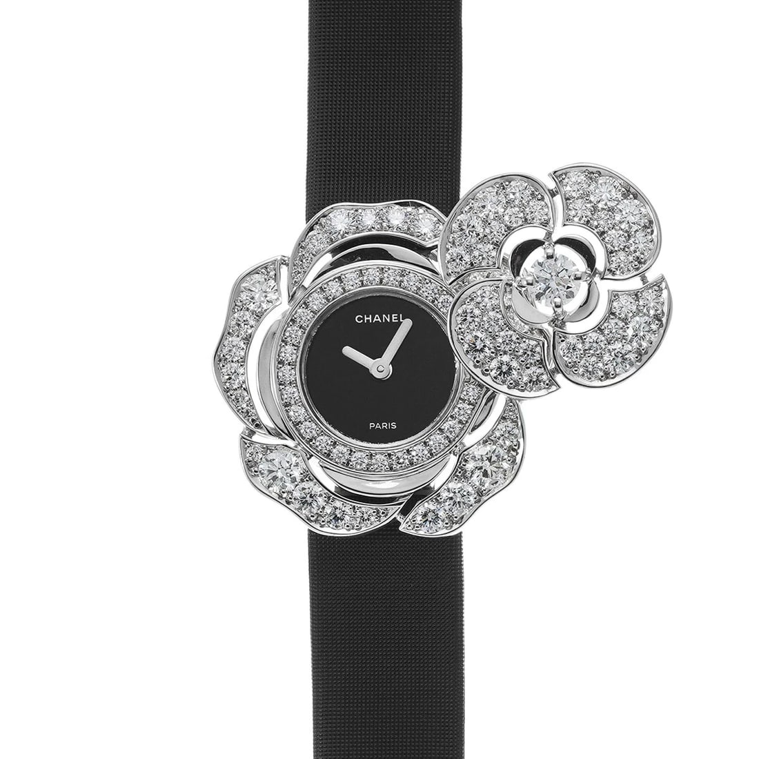 CHANEL CAMELIA BLACK WATCH: CHANEL Camelia black Watch Brand: CHANEL Type: Wristwatch Material: Band Material Satin/leather, Case Material White gold Color: Dial Color black Size: ??Case? H/about 24mm W/about 24mm D/about 9.5mm 