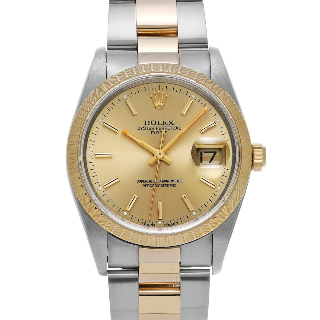 ROLEX OYSTER PERPETUAL DATE CHAMPAGNE WATCH: ROLEX Oyster Perpetual Date Champagne Watch Brand: ROLEX Type: Wristwatch Material: Band Material Stainless steel/Yellow Gold, Case Material Stainless steel Color: Dial Color Champagne Size: ??Case?