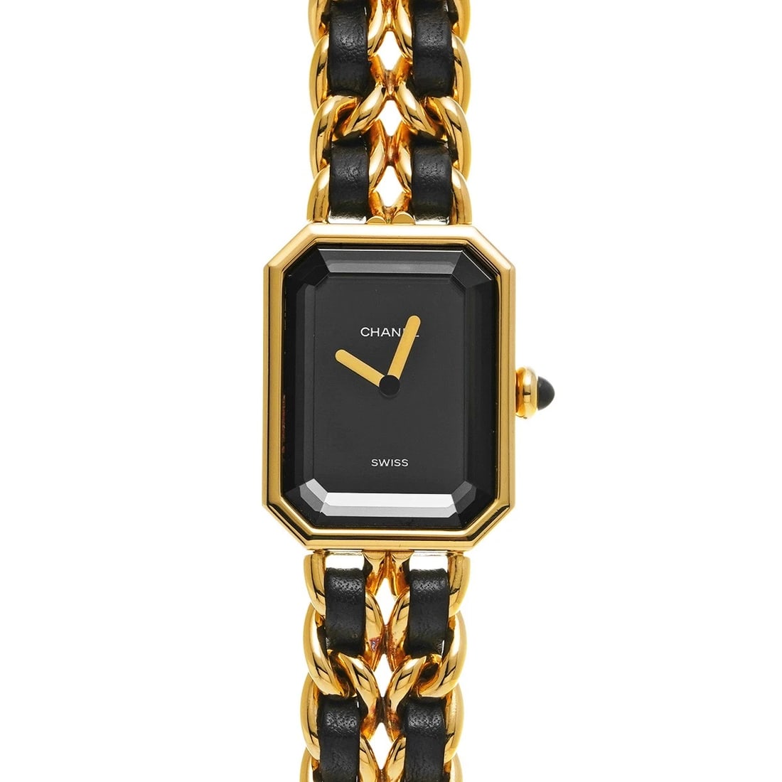 CHANEL PREMIRE BLACK WATCH: CHANEL Premire black Watch Brand: CHANEL Type: Wristwatch Material: Band Material Yellow gold plated/leather, Case Material Yellow gold plated Color: Dial Color black Size: ??Case? H/about 26mm W/abou