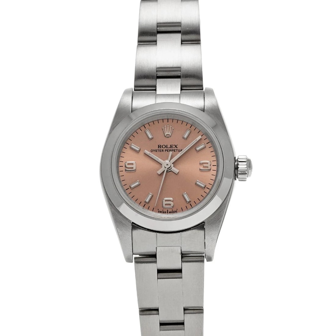ROLEX OYSTER PERPETUAL PINK WATCH: ROLEX Oyster Perpetual pink Watch Brand: ROLEX Type: Wristwatch Material: Band Material Stainless steel, Case Material Stainless steel Color: Dial Color pink Size: ??Case? H/about 24mm W/about 24mm D/
