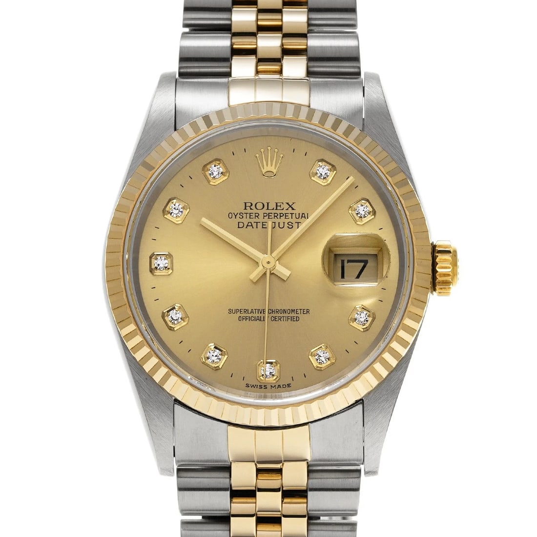 ROLEX DATEJUST CHAMPAGNE DIAMOND WATCH: ROLEX Datejust Champagne diamond Watch Brand: ROLEX Type: Wristwatch Material: Band Material Stainless steel/Yellow Gold, Case Material Stainless steel Color: Dial Color Champagne/diamond Size: