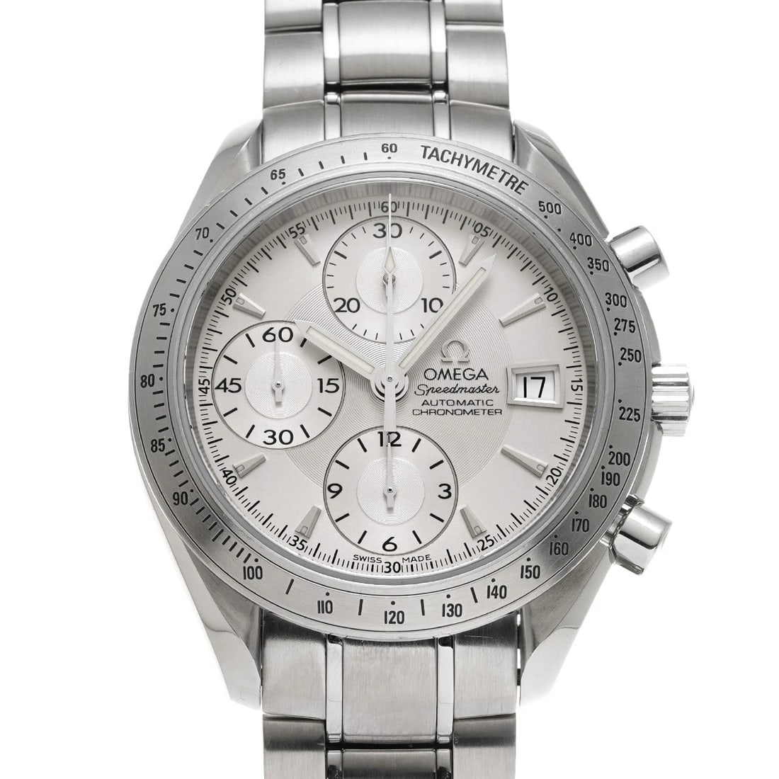 OMEGA SPEEDMASTER DATE SILVER WATCH: OMEGA Speedmaster Date Silver Watch Brand: OMEGA Type: Wristwatch Material: Band Material Stainless steel, Case Material Stainless steel Color: Dial Color Silver Size: ??Case? H/about 40mm W/about 40m
