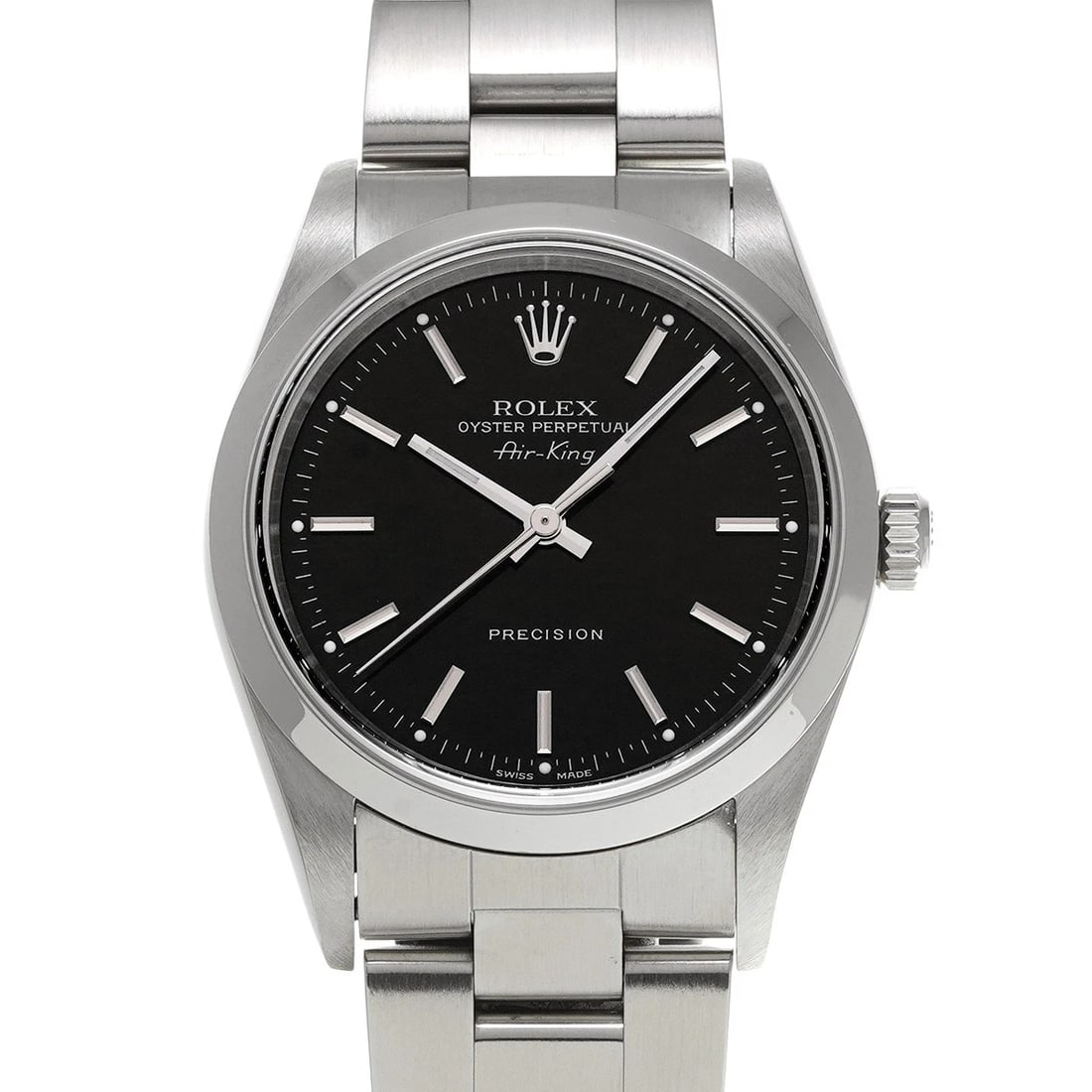 ROLEX AIR KING BLACK WATCH: ROLEX Air King black Watch Brand: ROLEX Type: Wristwatch Material: Band Material Stainless steel, Case Material Stainless steel Color: Dial Color black Size: ??Case? H/about 34mm W/about 34mm D/about 
