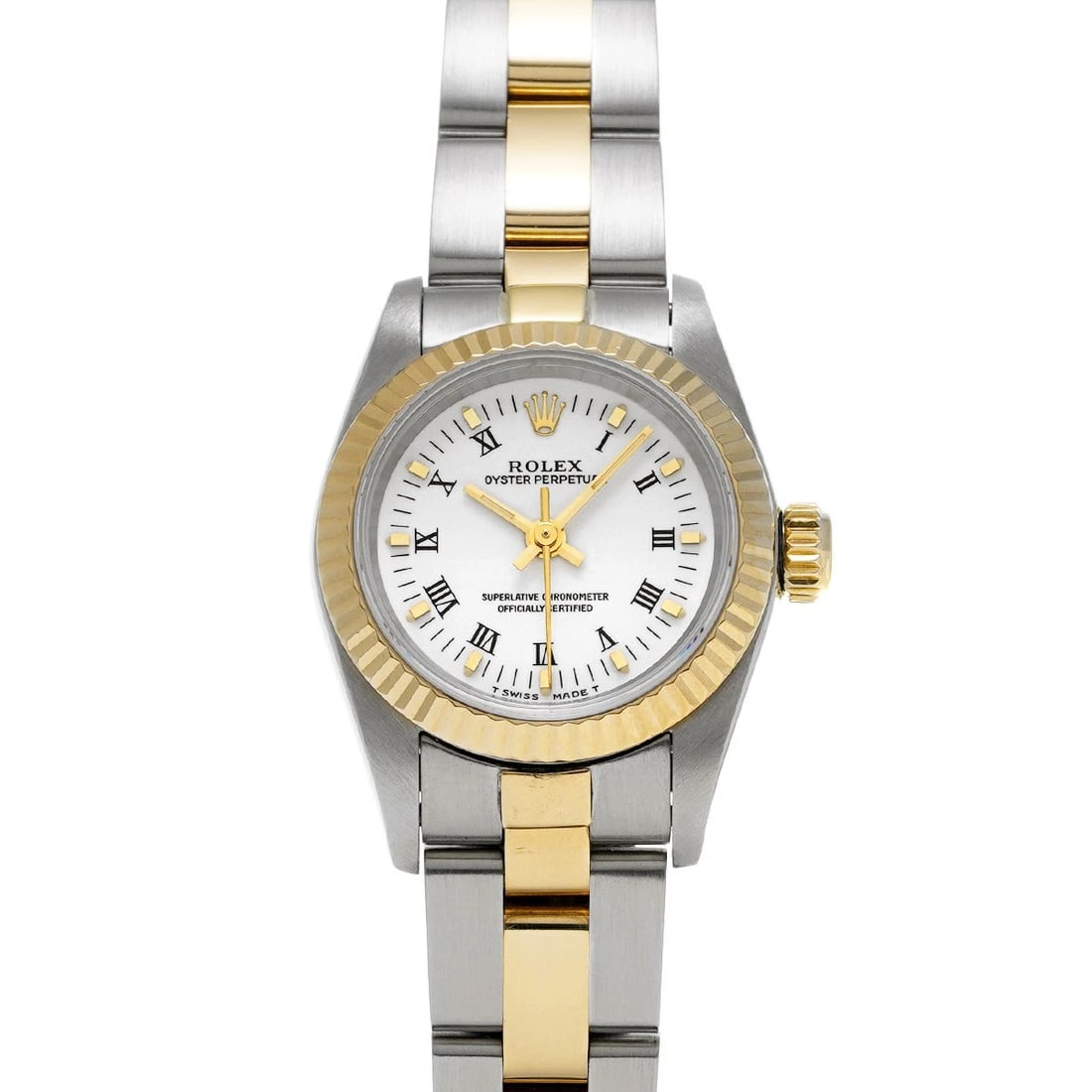 ROLEX OYSTER PERPETUAL WHITE WATCH: ROLEX Oyster Perpetual white Watch Brand: ROLEX Type: Wristwatch Material: Band Material Stainless steel/Yellow Gold, Case Material Stainless steel Color: Dial Color white Size: ??Case? H/about 26mm W