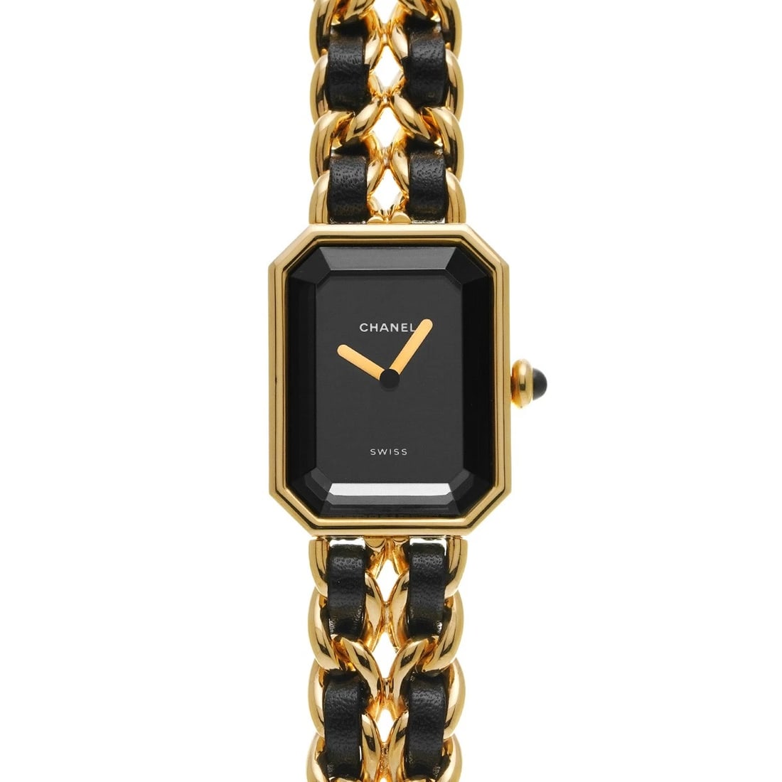 CHANEL PREMIRE BLACK WATCH: CHANEL Premire black Watch Brand: CHANEL Type: Wristwatch Material: Band Material Yellow gold plated/leather, Case Material Yellow gold plated Color: Dial Color black Size: ??Case? H/about 26mm W/abou