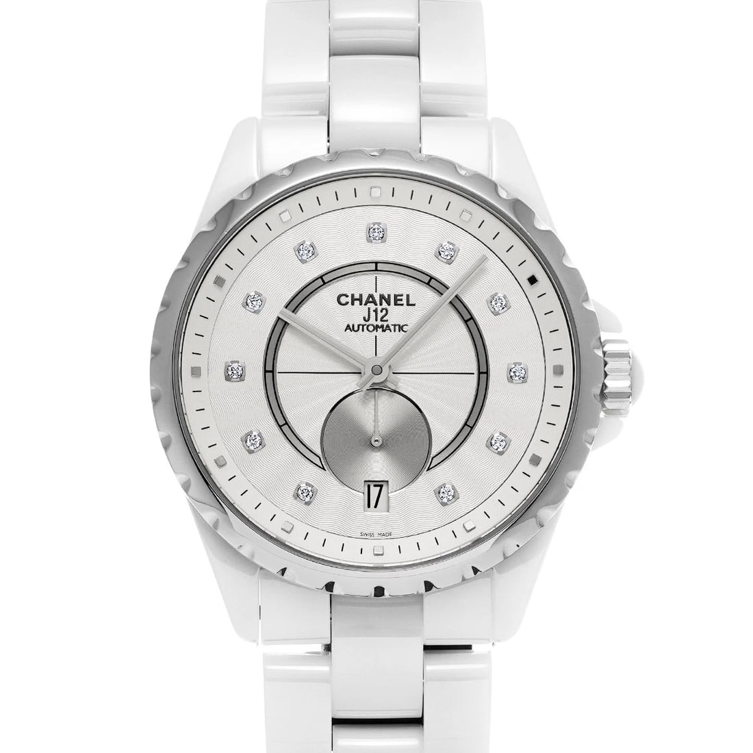 CHANEL J12 SILVER DIAMOND WATCH: CHANEL J12 Silver diamond Watch Brand: CHANEL Type: Wristwatch Material: Band Material ceramic, Case Material ceramic Color: Dial Color Silver/diamond Size: ??Case? H/about 36.5mm W/about 36.5mm D/abo