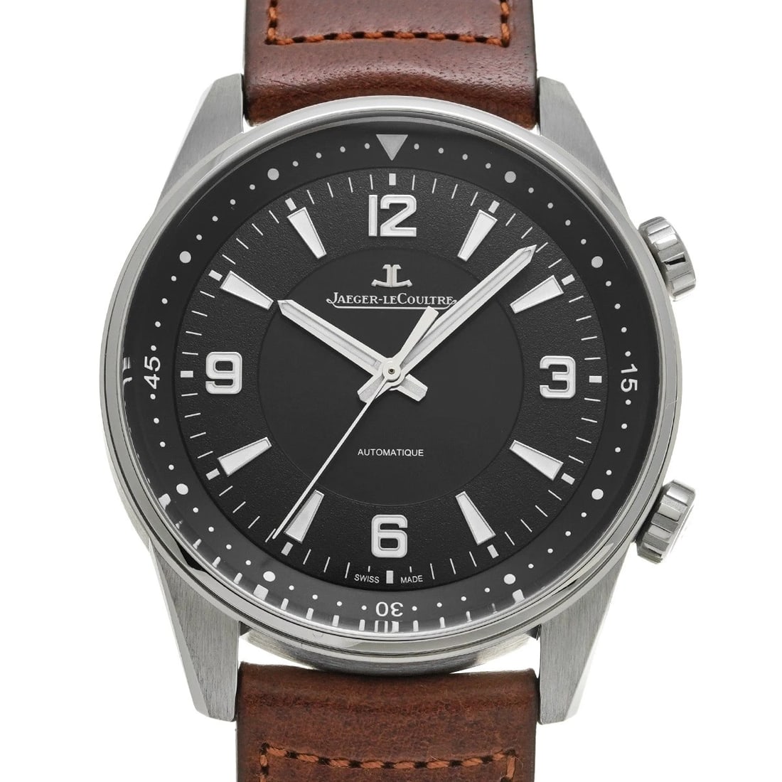 JAEGER LECOULTRE POLARIS BLACK WATCH: Jaeger LeCoultre Polaris black Watch Brand: Jaeger-LeCoultre Type: Wristwatch Material: Band Material calf, Case Material Stainless steel Color: Dial Color black Band Color Brown Size: ??Case? H/about