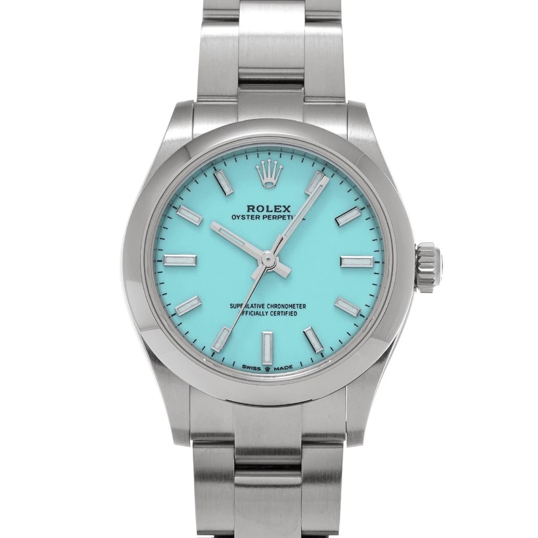 ROLEX OYSTER PERPETUAL TURQUOISE BLUE WATCH: ROLEX Oyster Perpetual turquoise blue Watch Brand: ROLEX Type: Wristwatch Material: Band Material Stainless steel, Case Material Stainless steel Color: Dial Color turquoise blue Size: ??Case? H/about 