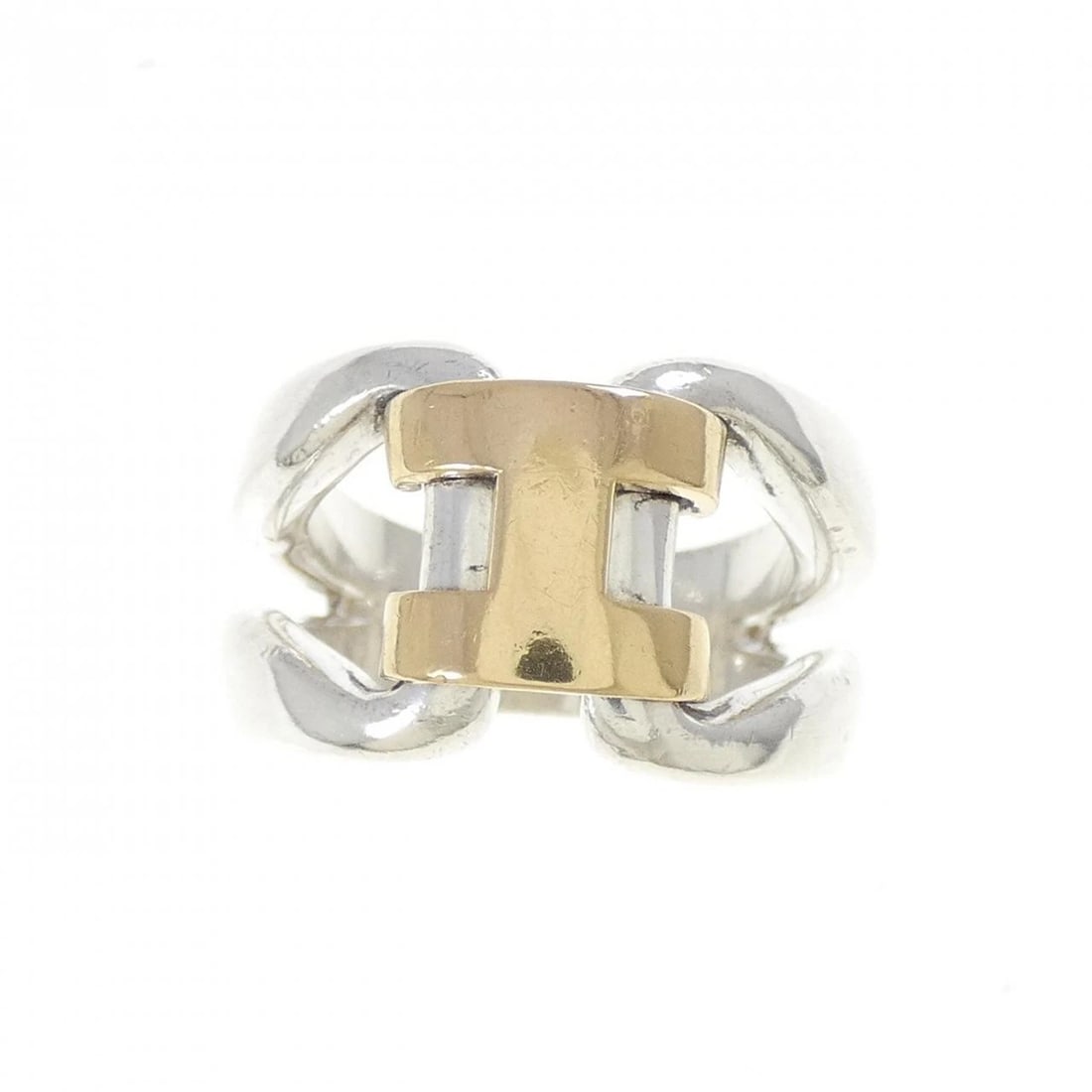 HERMES HISTORY RING: Hermes History Ring Brand: HERMES Type: Ring Material: 925Silver/750Yellow Gold, Color: Silver/Yellow Gold Size: US 5 3/4 Accessories: None Accessories Notice: When purchasing pre-owned go
