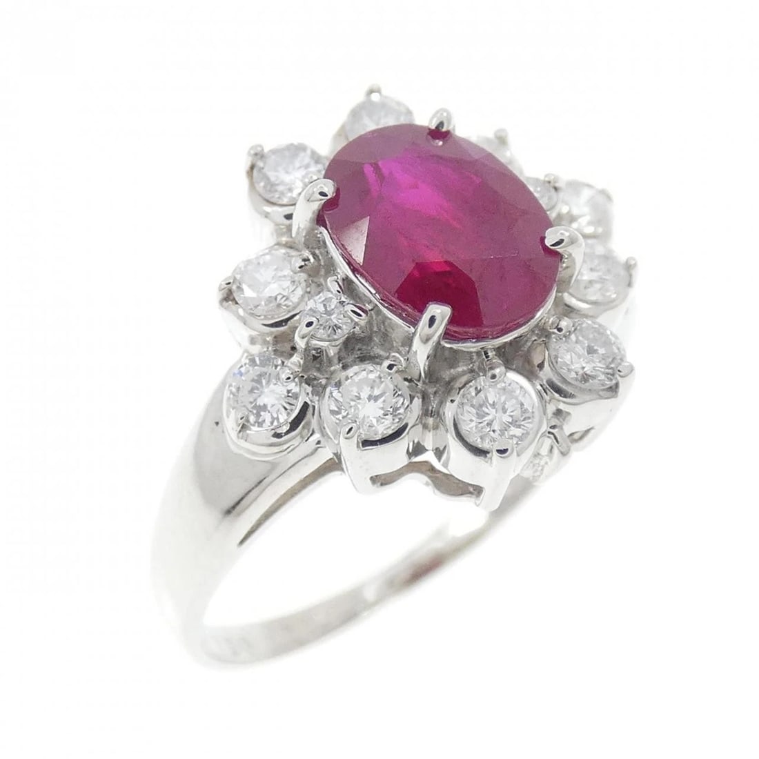 PT900 RUBY RING: PT900 Ruby Ring Brand: Unbranded Type: Ruby ring Material: Platinum900, Main Stone/Creation RubySecondary Stone Diamond Color: Platinum Size: US 5.25 Accessories: None Accessories Notice: When