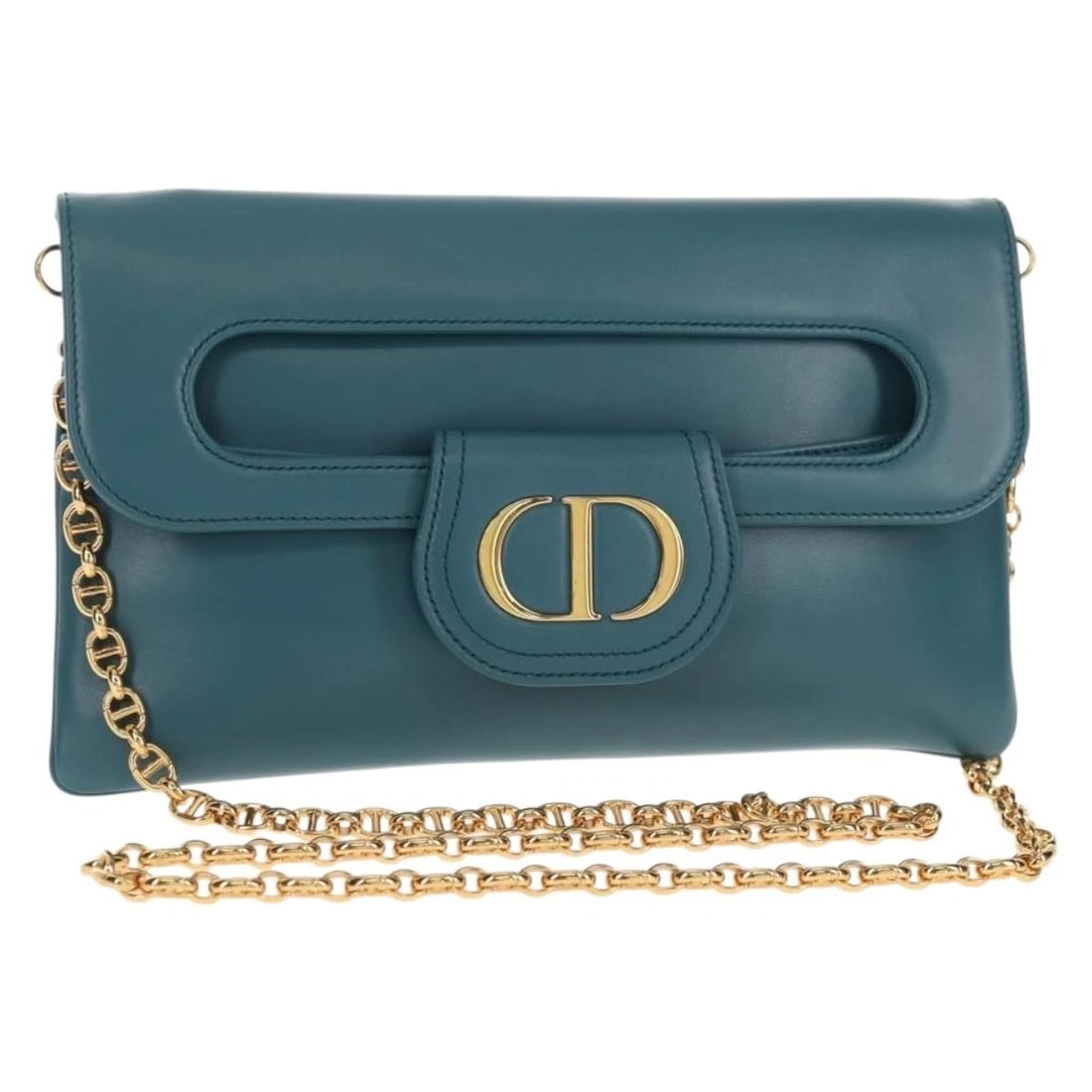 CHRISTIAN DIOR CHAIN DIOR DOUBLE SHOULDER BAG: Christian Dior Chain Dior Double Shoulder Bag Brand: Christian Dior Type: Shoulder Bag Material: Leather Color: Blue/Gold Size: W10.6 x H6.3 x D0.4inch(Approx) Accessories: None Accessorie