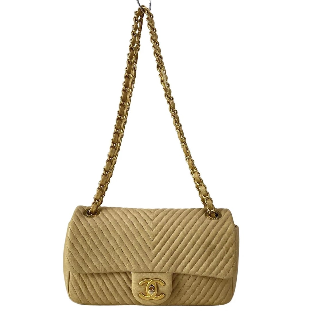 CHANEL CHEVRON QUILTING BEIGE LEATHER SHOULDER BAG: CHANEL Chevron Quilting Beige Leather Shoulder Bag Brand: CHANEL Type: Shoulder Bag Material: Exterior Material Leather Color: Exterior Color Beige Size: Height : 5.12 inch" (13 cm) Width : 8.46 inch 