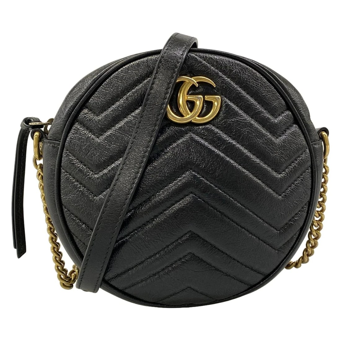 GUCCI GG MARMONT ROUND MINI SHOULDER BAG: GUCCI GG Marmont Round Mini Shoulder Bag Brand: GUCCI Type: Shoulder Bag Material: Exterior Material Leather Color: Exterior Color Black Size: Height : 6.89 inch (17.5 cm) Width : 7.87 inch (20 cm) De
