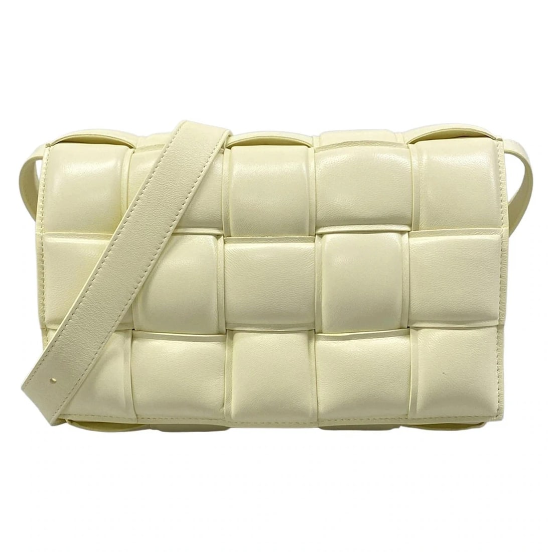BOTTEGA VENETA PADDED CASSETTE SHOULDER BAG: BOTTEGA VENETA Padded Cassette Shoulder Bag Brand: BOTTEGA VENETA Type: Shoulder Bag Material: Exterior Material Leather Color: Exterior Color Light Yellow Size: Height : 6.69 inch (17 cm) Width : 9.4
