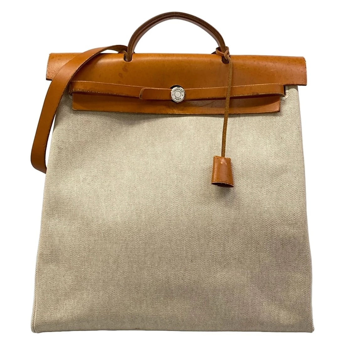 HERMES HER BAG LEATHER SQUARE C HANDBAG: HERMES Her Bag Leather Square C Handbag Brand: HERMES Type: Handbag Material: Exterior Material Toile H, Leather Color: Exterior Color Cream, Brown Size: Height : 14.76 inch (37.5 cm) Width : 12.2 inc
