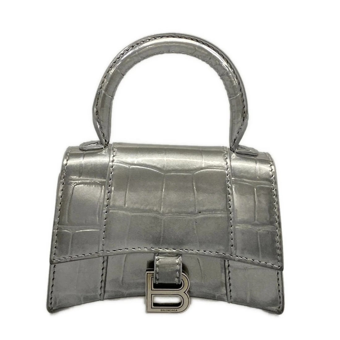 BALENCIAGA HOURGLASS MINI SILVER LEATHER HANDBAG: BALENCIAGA Hourglass Mini Silver Leather Handbag Brand: BALENCIAGA Type: Handbag Material: Exterior Material Leather Color: Exterior Color Silver Size: Height : 3.15 inch (8 cm) Width : 4.72 inch (12 