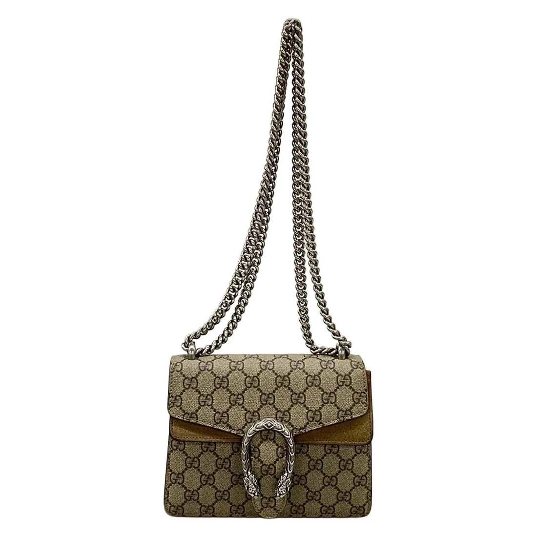 GUCCI DIONYSUS GG SUPREME MINI BAG: GUCCI Dionysus GG Supreme Mini Bag Brand: GUCCI Type: Shoulder Bag Material: Exterior Material PVC, Suede Color: Exterior Color Beige, Ebony, Light Brown Size: Height : 8.66 inch (22 cm) Width : 11.61