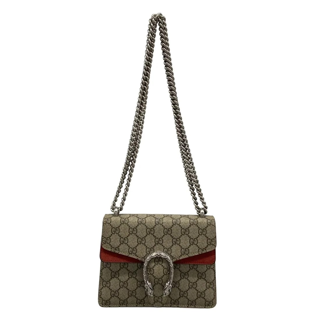 GUCCI DIONYSUS GG SUPREME MINI BAG: GUCCI Dionysus GG Supreme Mini Bag Brand: GUCCI Type: Shoulder Bag Material: Exterior Material PVC, Suede Color: Exterior Color Red, Dark Gray, Beige Size: Height : 6.1 inch (15.5 cm) Width : 7.87 inc