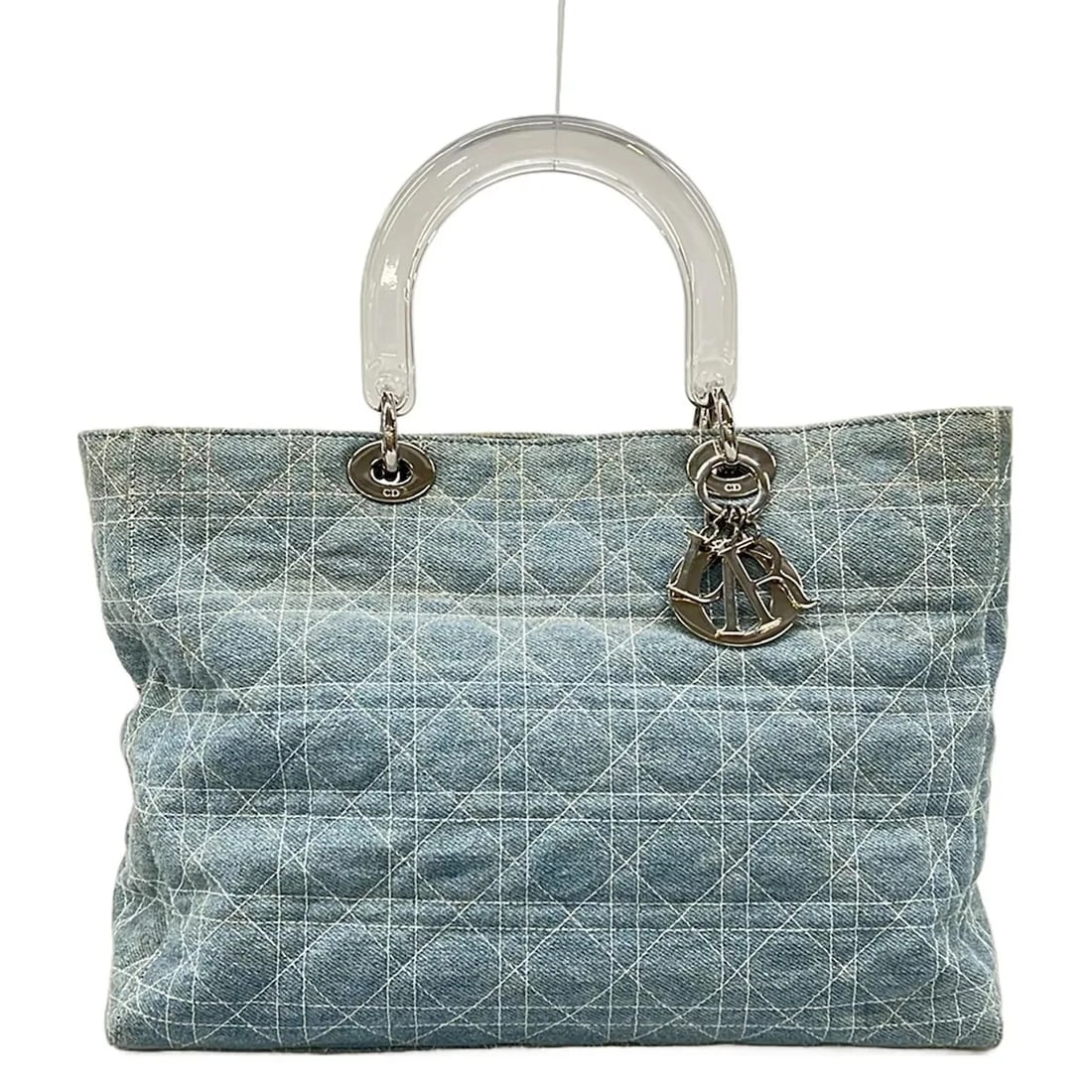 CHRISTIANDIOR CANNAGE STITCH LIGHT TOTE BAG: ChristianDior Cannage Stitch Light Tote Bag Brand: DIOR/ChristianDior Type: Tote Bag Material: Exterior Material Denim, Plastic Color: Exterior Color Light Blue, Clear Size: Height : 9.84 inch (25 cm)