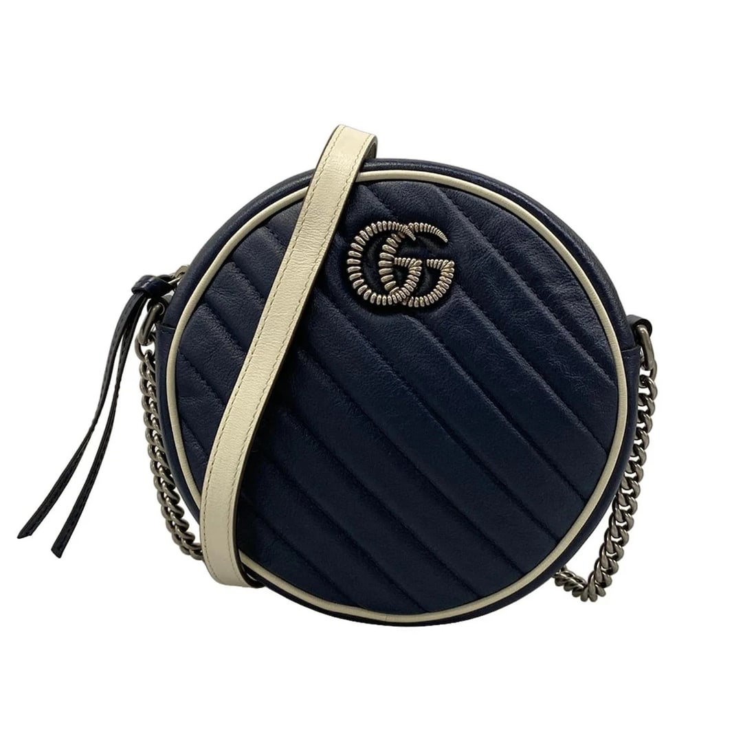 GUCCI GG MARMONT ROUND MINI SHOULDER BAG: GUCCI GG Marmont Round Mini Shoulder Bag Brand: GUCCI Type: Shoulder Bag Material: Exterior Material Leather Color: Exterior Color Navy, White Size: Height : 6.89 inch (17.5 cm) Width : 7.09 inch (18 