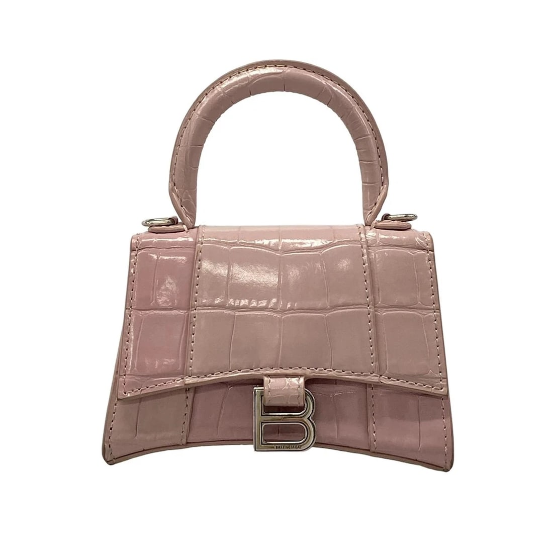 BALENCIAGA HOURGLASS MINI LIGHT PINK LEATHER HANDBAG: BALENCIAGA Hourglass Mini Light Pink Leather Handbag Brand: BALENCIAGA Type: Handbag Material: Exterior Material Leather Color: Exterior Color Light Pink Size: Height : 3.15 inch (8 cm) Width : 4.13 i
