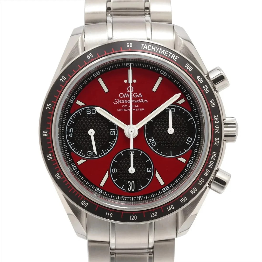 OMEGA SPEEDMASTER RACING CO-AXIAL CHRONOMETER WATCH: Omega Speedmaster Racing Co-Axial Chronometer Watch Brand: Omega Type: Wristwatch Material: SS Color: Dial Color red Size: Case:W1.6 x H1.6inch / W40 x H40 Circumference of Wrist:7.9inch / 20 Acce