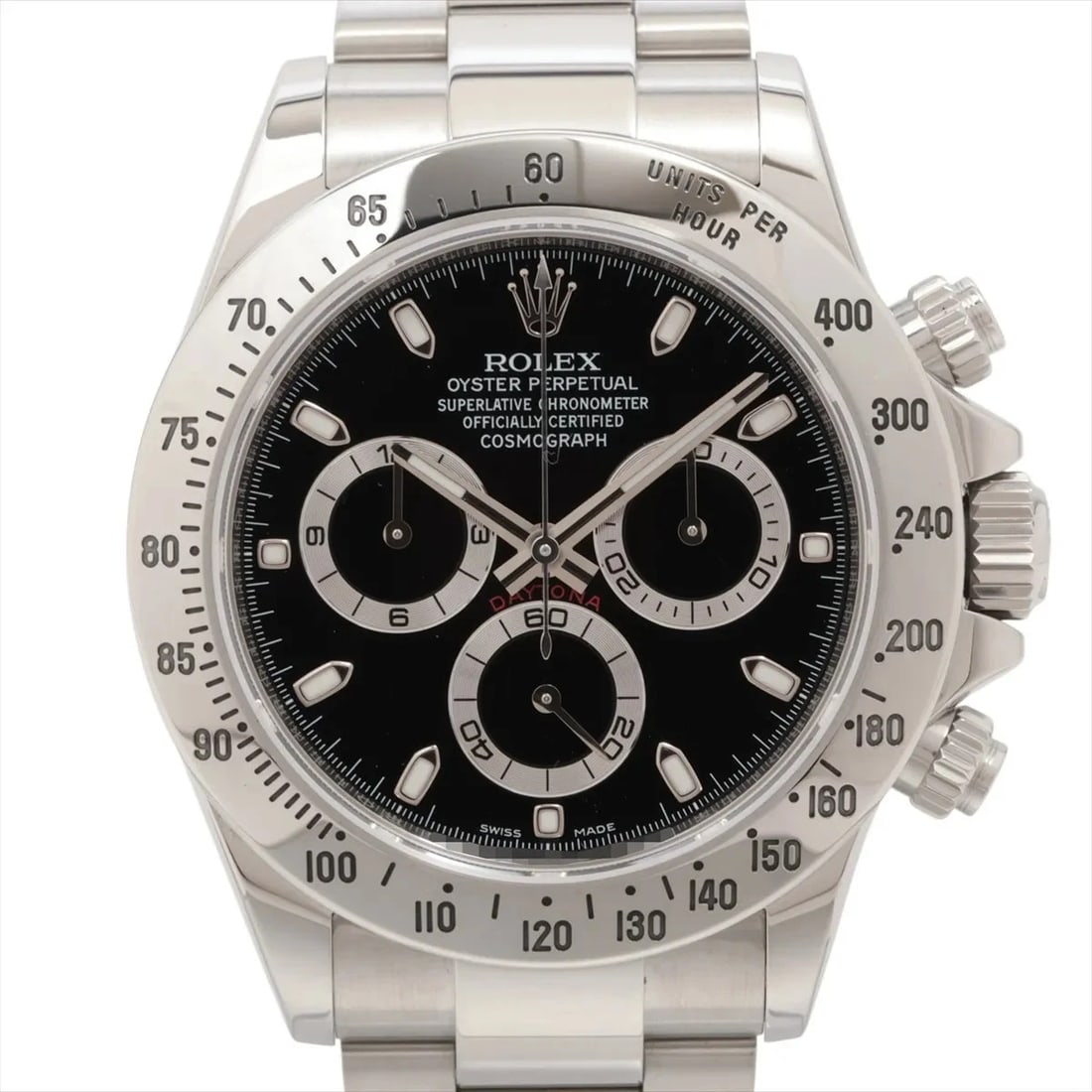 ROLEX COSMOGRAPH DAYTONA BLACK DIAL WATCH: Rolex Cosmograph Daytona Black Dial Watch Brand: Rolex Type: Wristwatch Material: SS Color: Dial Color Black Size: Case:W1.6 x H1.6inch / W40 x H40 Circumference of Wrist:6.7inch / 17 Accessories: