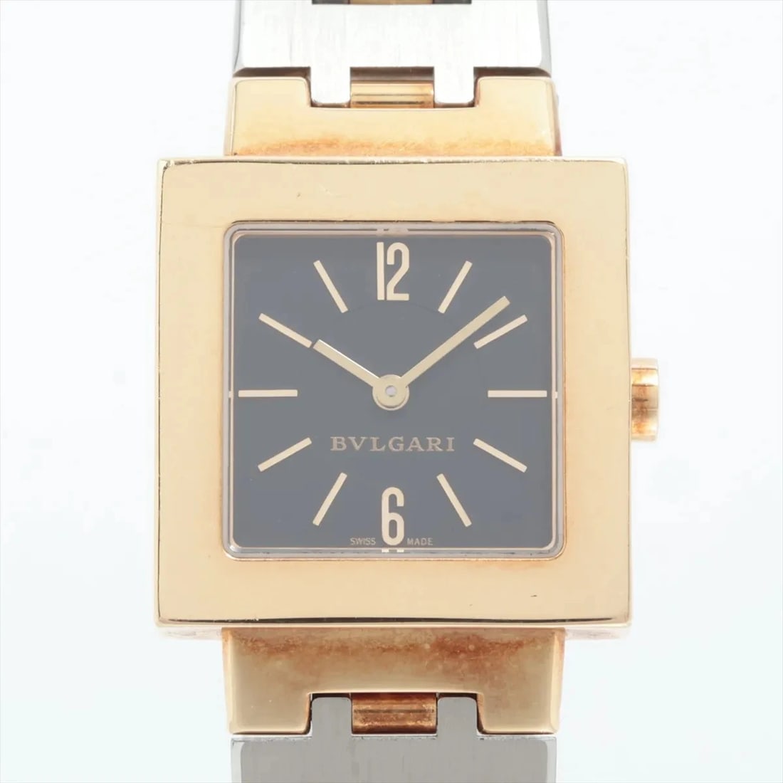 BVLGARI QUADRADO BLACK DIAL WATCH: Bvlgari Quadrado Black Dial Watch Brand: Bvlgari Type: Wristwatch Material: SS×YG Color: Dial Color Black Size: Case:W0.8 x H0.8inch / W22 x H22 Circumference of Wrist:5.9inch / 15 Accessories: No