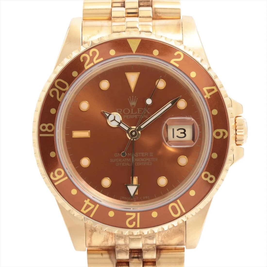 ROLEX GMT MASTER II BROWN-FACE WATCH: Rolex GMT Master II Brown-Face Watch Brand: Rolex Type: Wristwatch Material: YG Color: Dial Color brown Size: Case:W1.6 x H1.6inch / W40 x H40 Circumference of Wrist:6.9inch / 17.5 Accessories: No