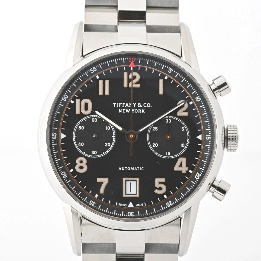 TIFFANY CHRONOGRAPH BLACK WATCH: Tiffany Chronograph Black Watch Brand: TIFFANY&Co. Type: Wristwatch Material: ss Color: Dial Color black Size: Size: Width 41.8mm, Height 53.2mm, Thickness 15mm, Lug width 22mm Accessories: None