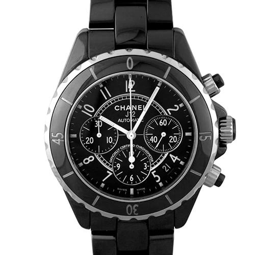 CHANEL J CHRONOGRAPH WATCH: Chanel J Chronograph Watch Brand: Chanel Type: Wristwatch Material: ceremic Color: Dial Color black Size: Size: 41mm Accessories: None Accessories Notice: When purchasing pre-owned goods,
