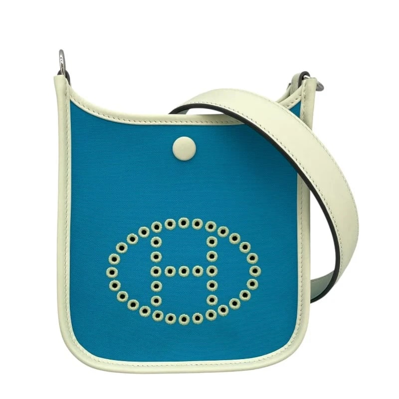 HERMES NEO EVELYNE SHOULDER BAG: HERMES Neo Evelyne Shoulder Bag Brand: HERMES Type: Handbag Material: Toile Color: blue Size: W: 17cm / H: 18cm / D: 6cm Accessories: None Accessories Notice: When purchasing pre-owned goo