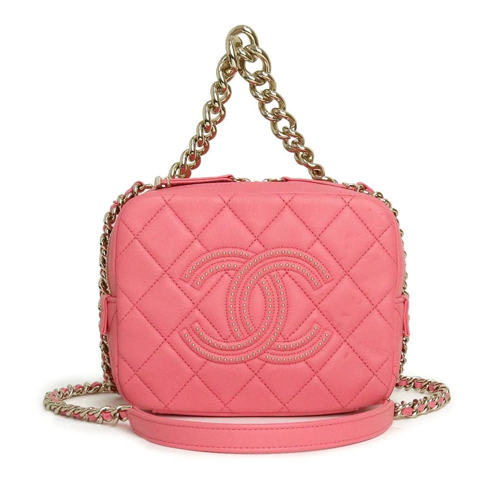 CHANEL MATELASSÉ VANITY: CHANEL Matelassé Vanity Brand: CHANEL Type: Handbag Material: Lambskin (Sheepskin) Color: Pink Size: W: 18cm x H: 14cm x D: 8cm Handle: 24cm Accessories: None Accessories Notice: When purchasing