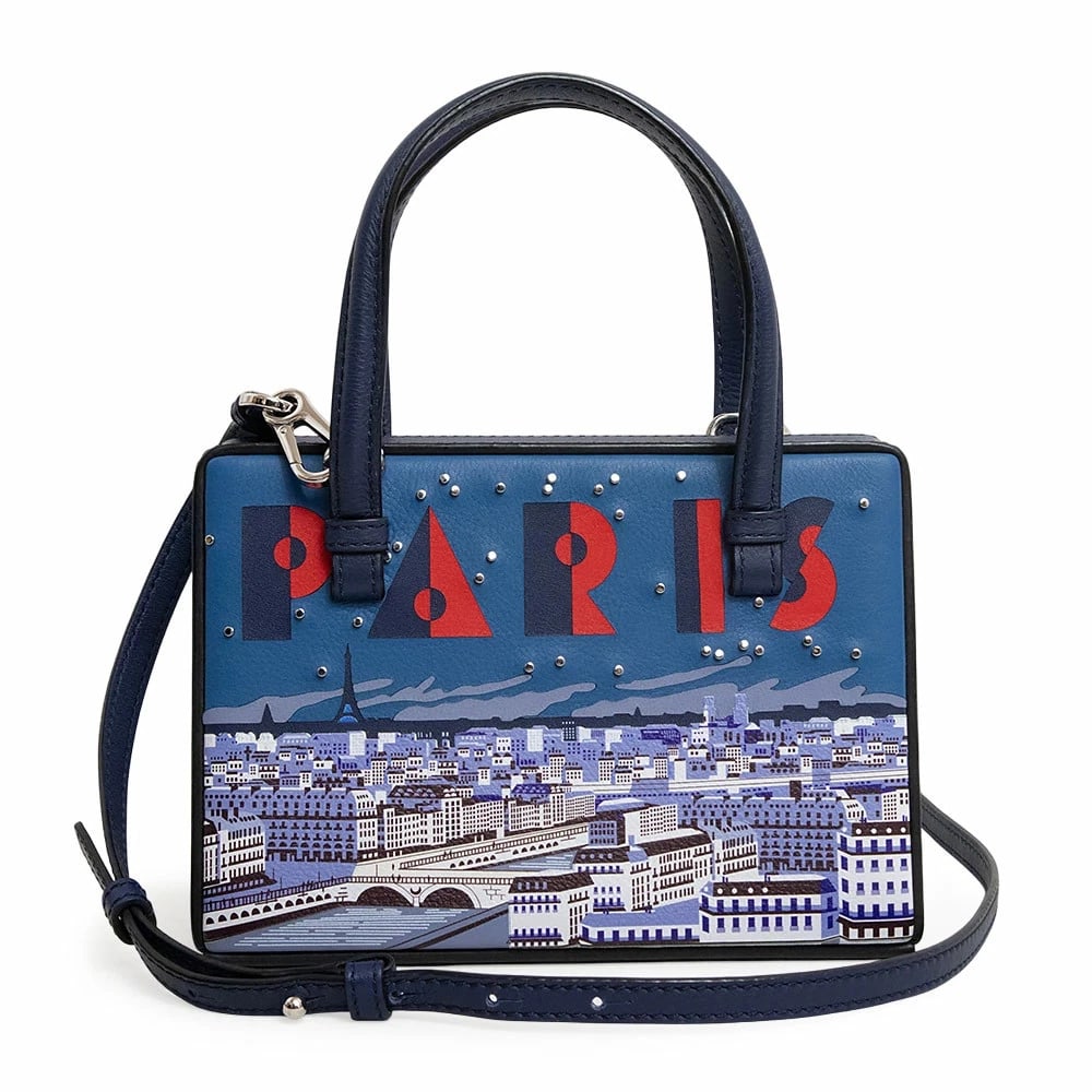 LOEWE POSTAL SMALL CITY PARIS NAVY: LOEWE Postal Small City Paris Navy Brand: LOEWE Type: Handbag Material: Calfskin (Cowhide) Color: Navy X Multicolor Size: W: 19cm x H: 13.5cm x D: 9cm Handle: 28cm Accessories: None Access