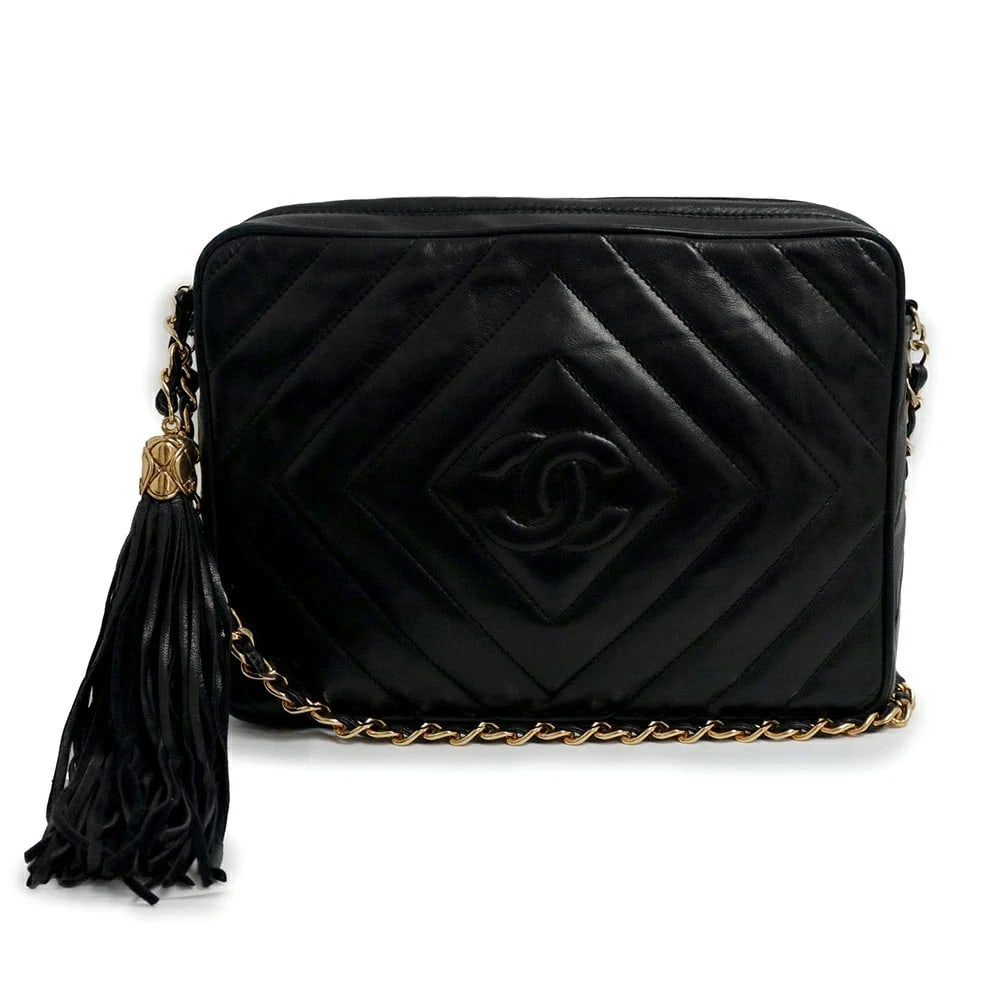 CHANEL COCO MARK DIAMOND STITCH TASSEL FRINGE SHOULDER BAG: CHANEL Coco Mark Diamond Stitch Tassel Fringe Shoulder Bag Brand: CHANEL Type: Handbag Material: Lambskin (Sheepskin) Color: Black Size: W: 23cm x H: 16cm x D: 6cm Accessories: None Access