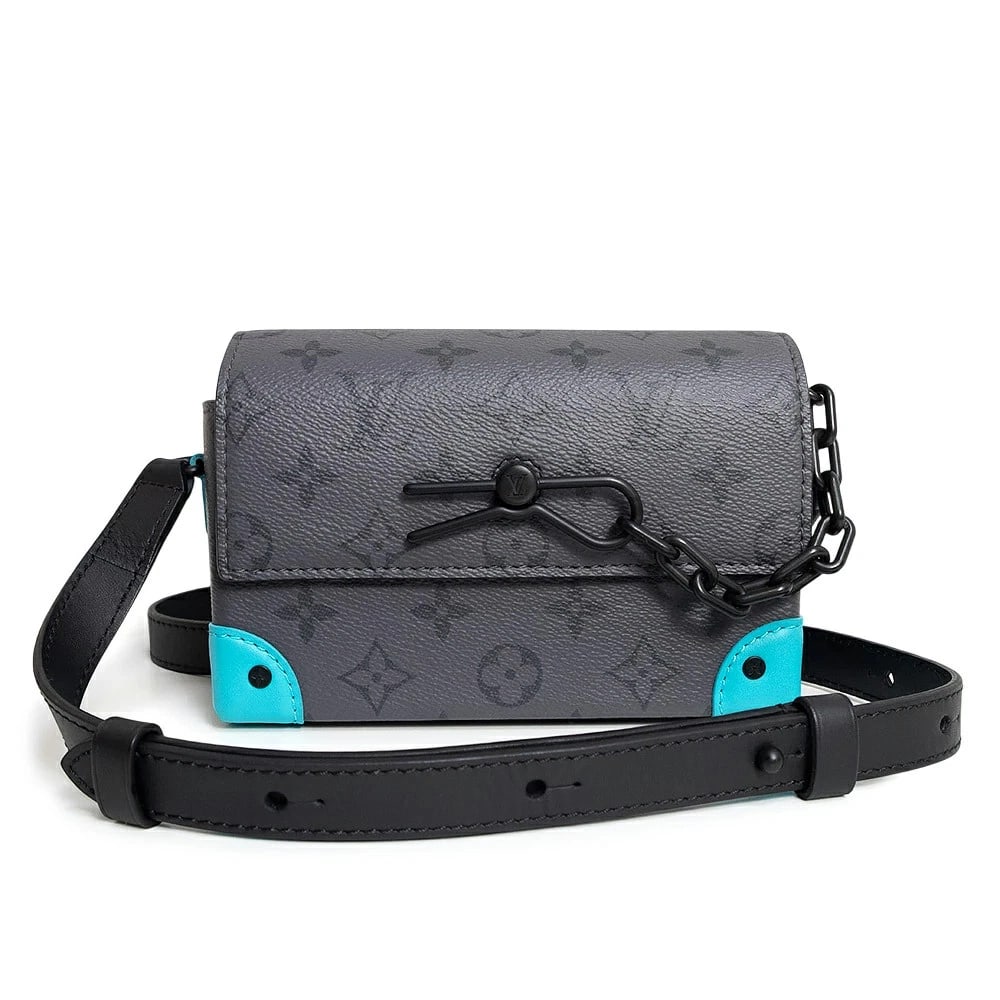 LOUIS VUITTON STEAMER WEARABLE SHOULDER BAG: LOUIS VUITTON Steamer Wearable Shoulder Bag Brand: LOUIS VUITTON Type: Handbag Material: Monogram Eclipse Reverse Color: Gray X Turquoise Size: W: 18cm x H: 11cm x D: 6.5cm Accessories: None <