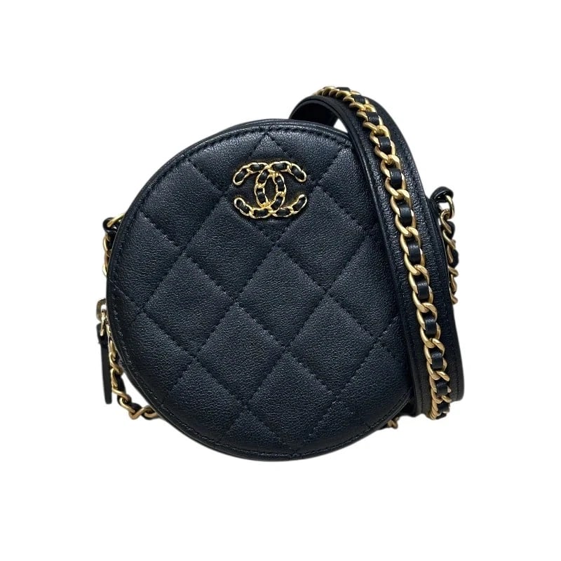CHANEL ROUND CHAIN SHOULDER BAG: CHANEL Round Chain Shoulder Bag Brand: CHANEL Type: Handbag Material: Lambskin Color: black Size: W: 12cm / H: 12cm / D: 5.5cm Accessories: None Accessories Notice: When purchasing pre-own