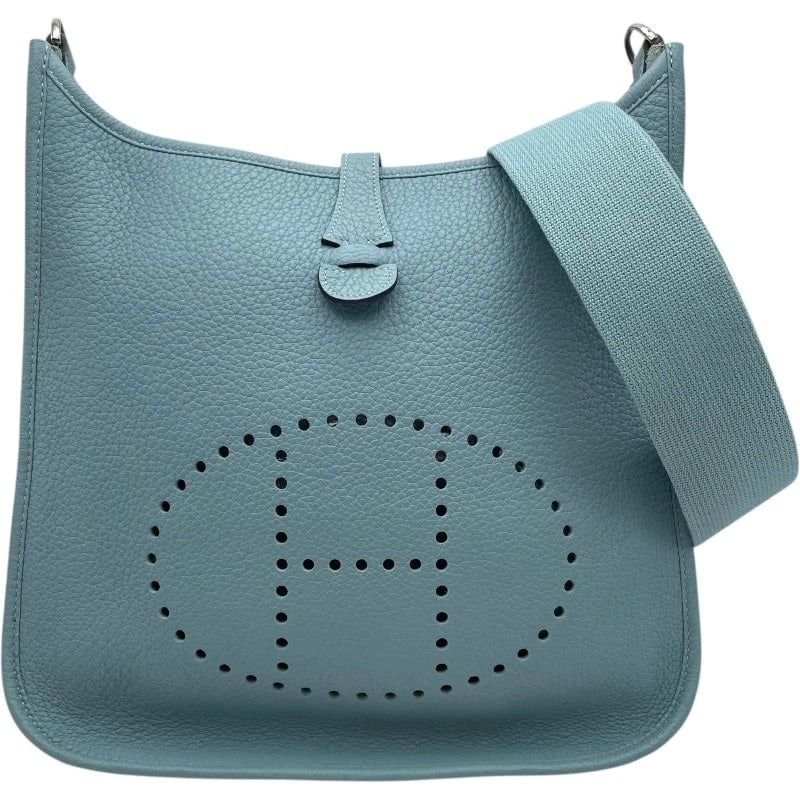HERMES EVELYNE1 PM TAURILLON SHOULDER BAG: HERMES Evelyne1 PM Taurillon Shoulder Bag Brand: HERMES Type: Handbag Material: Taurillon Color: Ciel SV Hardware Size: W: 29cm / H: 30cm / D: 8cm Accessories: None Accessories Notice: Whe