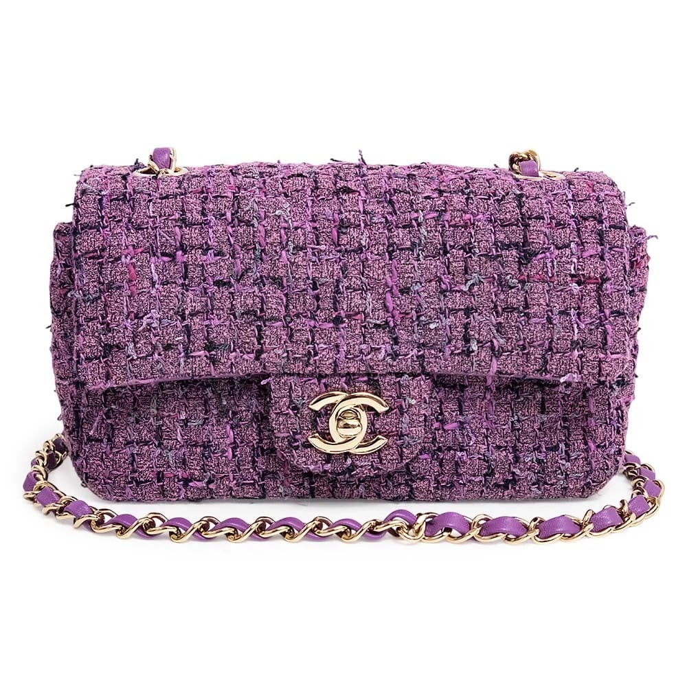 CHANEL MATELASSÉ COCO MARK MINI CLASSIC SHOULDER BAG: CHANEL Matelassé Coco Mark Mini Classic Shoulder Bag Brand: CHANEL Type: Handbag Material: Tweed / Leather Color: Purple Size: W:20cm x H:13cm x D:7cm Accessories: None Accessories Notice: